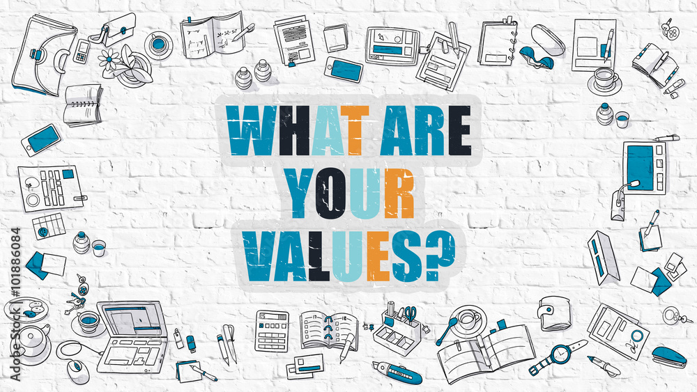 Poster what are your values asking with doodle design icons.