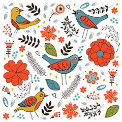 Elegant pattern with flowers and birds