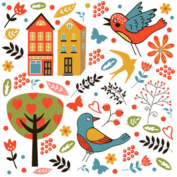 Colorful seamless pattern with birds, flowers and houses