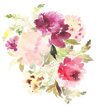 Flowers watercolor illustration. Manual composition. 