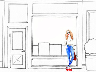 woman walking , shop windows. shopping. watercolor illustration