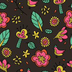 Floral pattern in doodle style, spring floral background.Vector flower pattern. Seamless botanic texture.