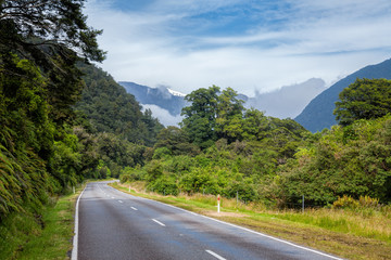 Scenic winding road through temperate rainforest at the South Island of New Zealand