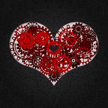 Heart as a mechanism made of cogs and gears. Vector Illustration  of steampunk heart. Valentines day card with sign on ornate background
