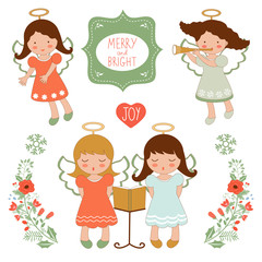 Cute Christmas collection with happy angels and Christmas elements