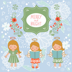 Cute Christmas card with happy angels and Christmas elements
