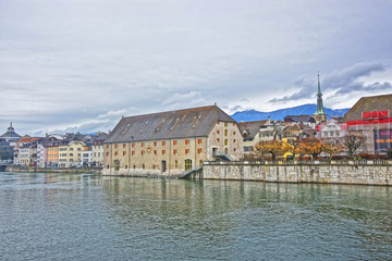 Waterfront and Clock Tower with Landhaus in Solothurn in Switzerland