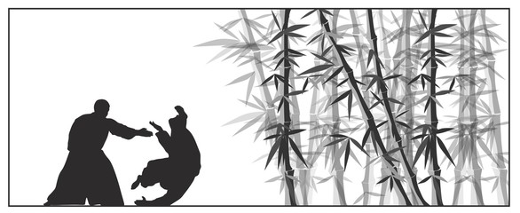 Two men occupy to Айкидо near the bamboo forest.