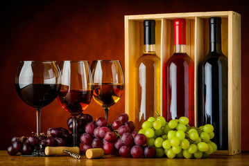 Red, Rose, and White Wine in Glass and Bottle © xfotostudio