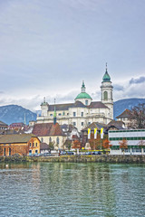 Fototapeta na wymiar Waterfront and St Ursus Cathedral in Solothurn