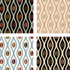 Coffee beans and waves seamless pattern set
