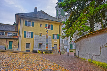 Street view of Fountain in the Old Town in Solothurn