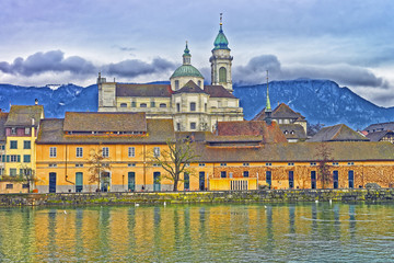 Fototapeta na wymiar Waterfront of St Ursus Cathedral of Solothurn
