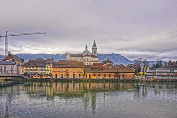Waterfront with St Ursus Cathedral in Solothurn