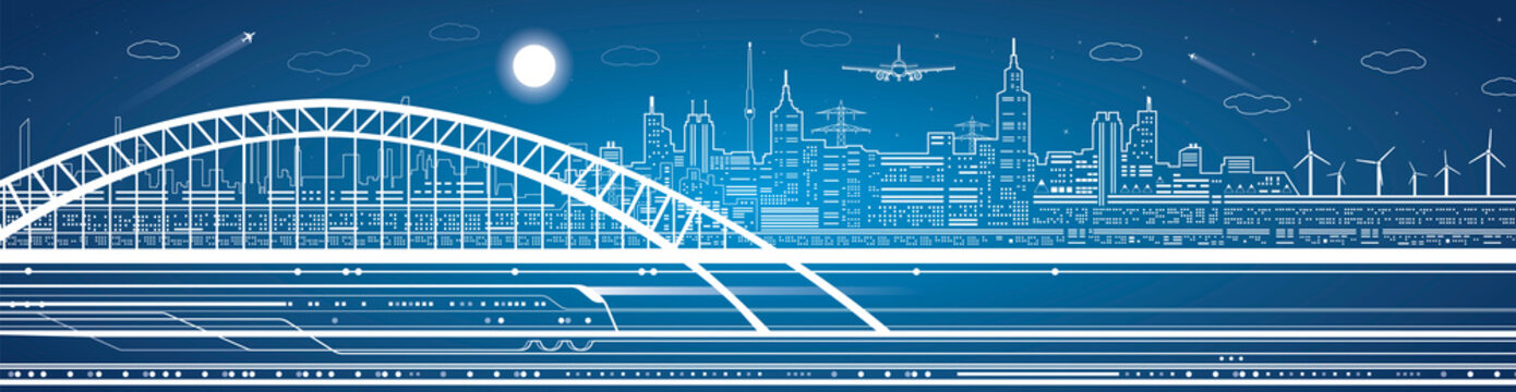Train move on the bridge, light city on the background, transport and infrastructure panorama, airplane fly, neon lights, vector design