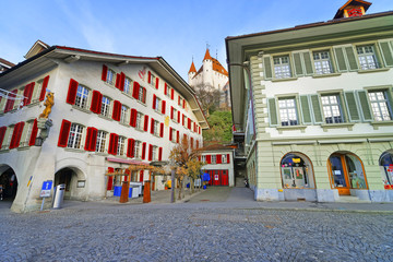 Fototapeta premium Thun Castle above City Hall Square in Thun Old Town
