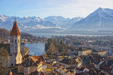 Panorama of Thun Church and Town with Alps and Thunersee - obrazy, fototapety, plakaty