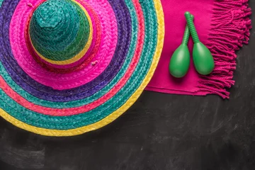 Foto auf Acrylglas Mexiko Mexican background with sombrero, blankets and maracas