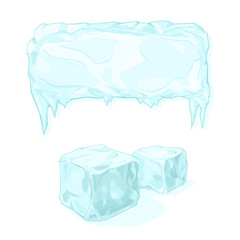 Vector illustration of an Ice blocks and ice cubes.
Frozen water Icons depicting the freezing cold or winter.