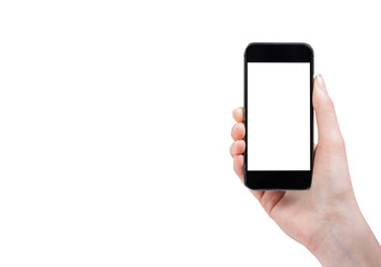 Female hand holding smart phone isolated on white background wit