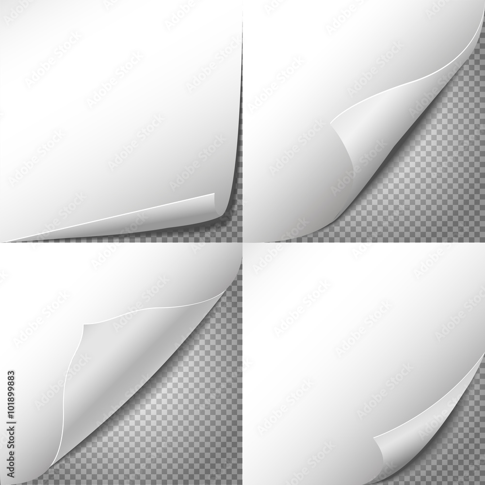 Poster curl paper corners vector set with checkered transparent background. sheet sticker, message blank la