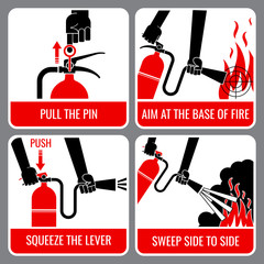 Naklejka premium Fire extinguisher vector instruction. Warning and danger, flame and caution, informational banner illustration