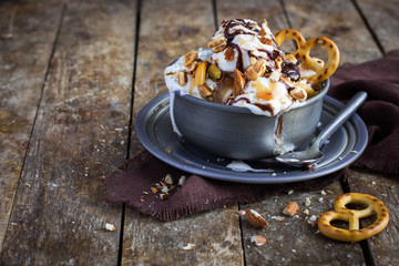 delicious homemade  ice cream with salted caramel and chocolate
