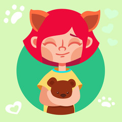 Obraz na płótnie Canvas Girl with cat ears holding a teddy bear