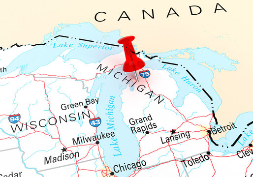 Red Thumbtack Over Michigan State USA Map