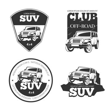 Suv car vector emblems, labels and logos. Offroad extreme expedition, 4x4 vehicle illustration