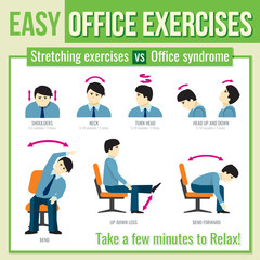 Office exercises with businessman character. Relax exercise, infographic health exercise, man head turn exercise. Vector illustration infographic