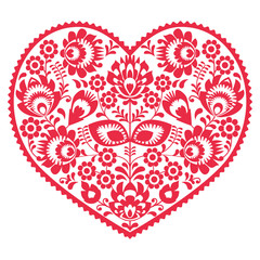 Valentines Day folk art red heart - Polish pattern Wzory Lowickie, Wycinanki - obrazy, fototapety, plakaty