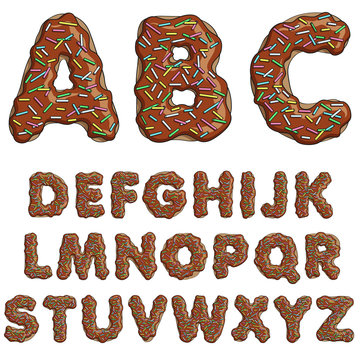 Donut font, tasty alphabets. Isolated objects on a white background 
