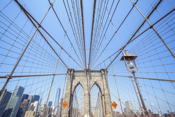 Wide angle photo of the Brooklyn Bridge, NYC, USA
