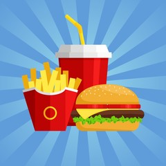 Lunch with Hamburger, French Fries and Soda on blue background. Group of fast food products. Flat design. Vector Illustration