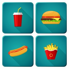 Icons set lunch with Hamburger, Hot Dog,  French Fries and Soda. Group of Fast Food products. Vector Illustration