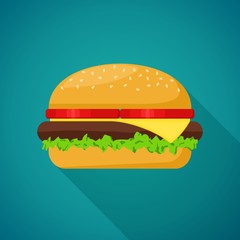 Hamburger with meat, lettuce, cheese and tomato on blue background with shadow. Fast Food Vector Illustration