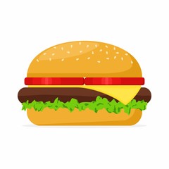Hamburger with meat, lettuce, cheese and tomato on white background. Fast Food Vector Illustration