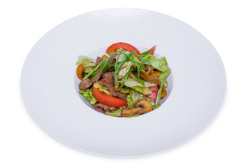 warm salad with veal and roasted mushrooms, isolated, clipping path