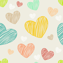 Hearts color hand-drawn vector seamless pattern.