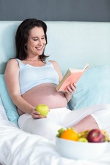 Obraz na płótnie Canvas Pregnant woman eating and reading book 