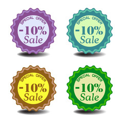 Set of four isolated tags with the text minus ten percent sale, special offer, written on each tag