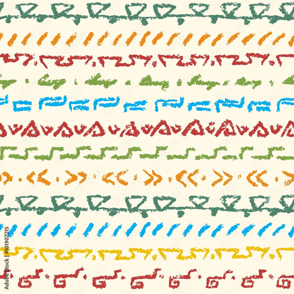 Fototapete Seamless boho ethnic colorful crayon hand drawing fabric pattern. Pastel chalk hand drawn patterned background with design elements. Tribal vector ornament. 