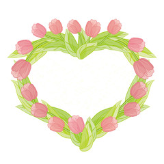 Spring hand-drawn heart baner with pink tulips
