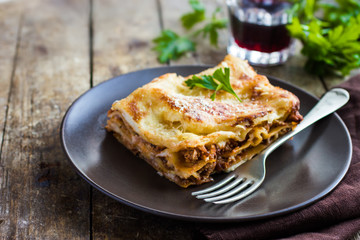  traditional italian lasagna  with minced beef bolognese sauce - obrazy, fototapety, plakaty