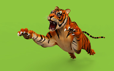 Dangerous Bengal Tiger roaring and jumping isolated on green background, with clipping path, 3d digital rendered model