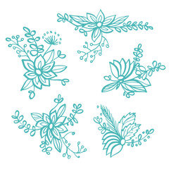 Fototapeta na wymiar Set of hand drawn linear floral compositions
