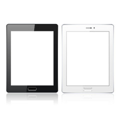 Black and White tablet pc computer with blank screen isolated on the white background. Realistic template. Vector illustration