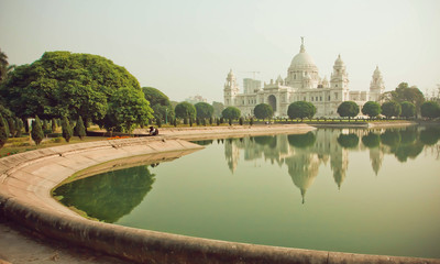 Water of pond near the structure Victoria Memorial Hall in Kolkata