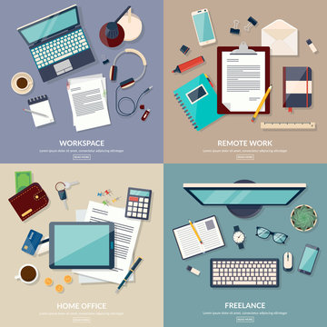 Set of 2x2 banners of home workspace. Flat design vector illustration